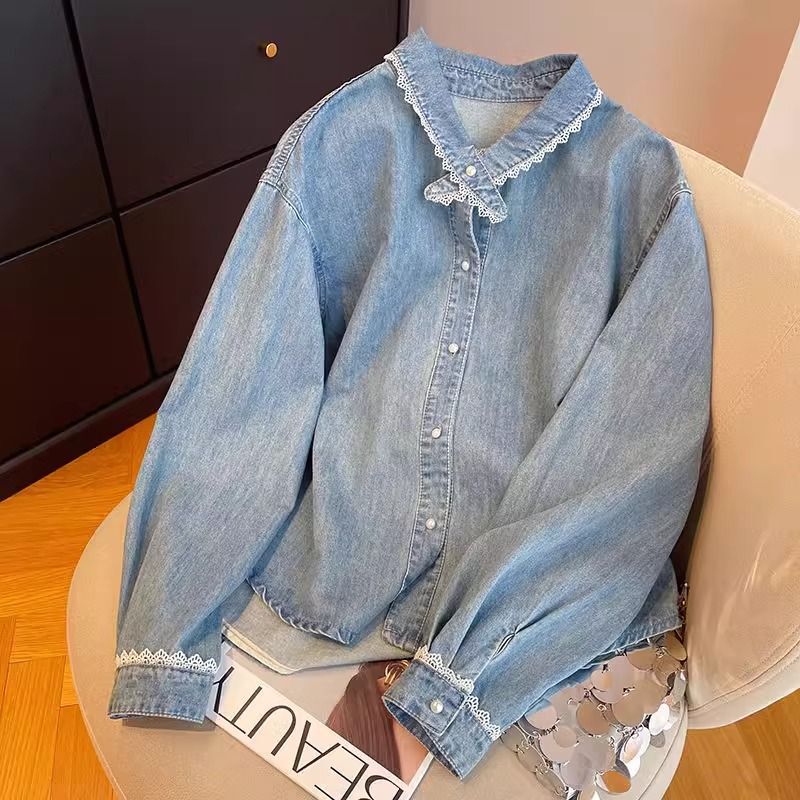 New Lace Splicing Cross Collar Denim Shirt Jacket for Women Spring and Autumn Loose Slimming Layered Top Bottoming Shirt