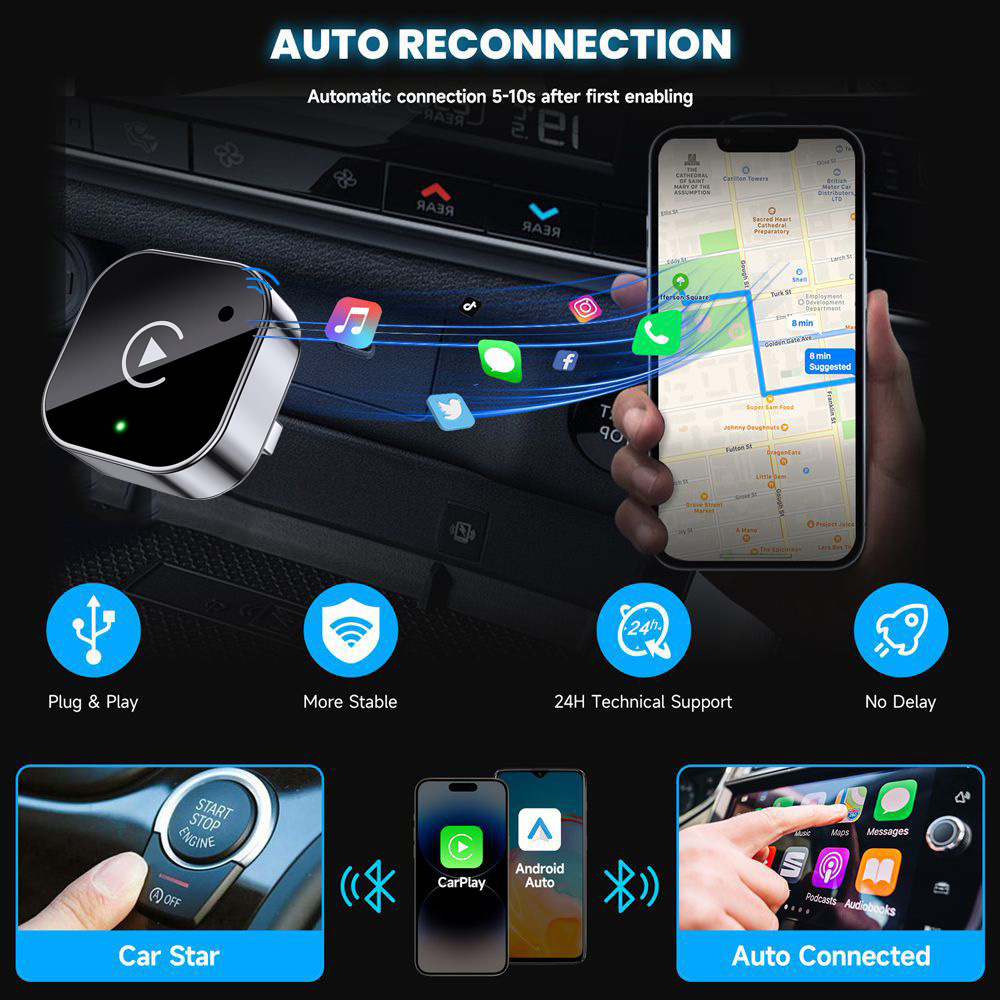 Cross-Border Popular Wireless Carplay Box Android Adapter Compatible with iPhone and Android Without Lag or Buffering