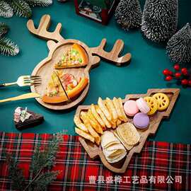跨境圣诞主题木质托盘麋鹿圣诞树造型水果零食盘儿童辅食餐盘果盘