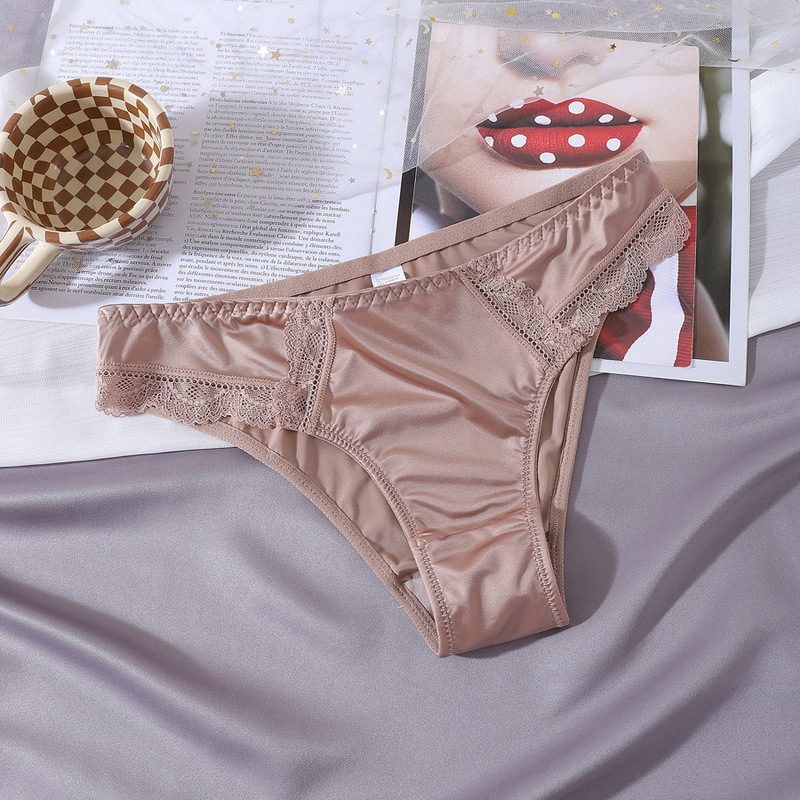 European and American Cross-Border Popular Silky Satin Underwear Women's Silk Texture Sexy Lace Briefs Breathable and Comfortable Shorts