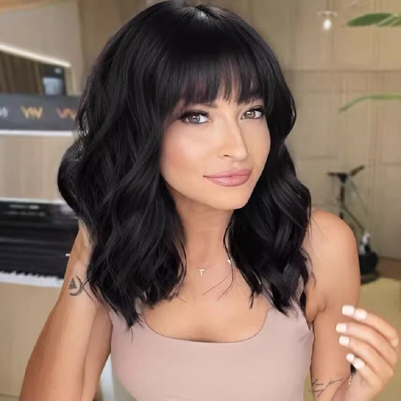European and American Wigs for Women with Bangs, Black Short Curly Hair, Fluffy Shoulder-Length Wavy Curly Wigs, Cross-Border Manufacturers Wholesale
