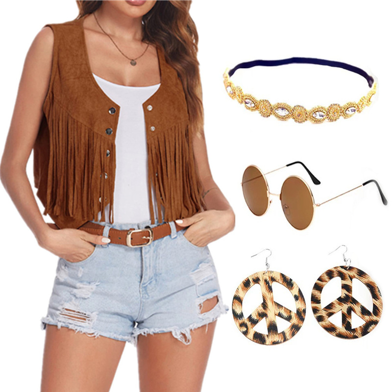 European and American Amazon Women's Suede Short Tassel Cardigan Sleeveless Retro Rock Clothing 4-Piece Set European and American Amazon Women's Suede Short Tassel Cardigan Sleeveless Retro Rock Clothing 4-Piece Set