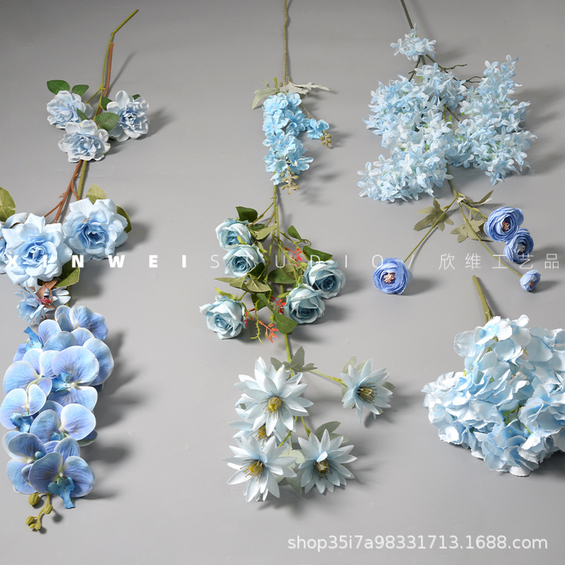 Ramo falso de flores artificiales azules, flores de seda artificial, arreglos florales de plástico, decoración de bodas, decoración, alojamiento