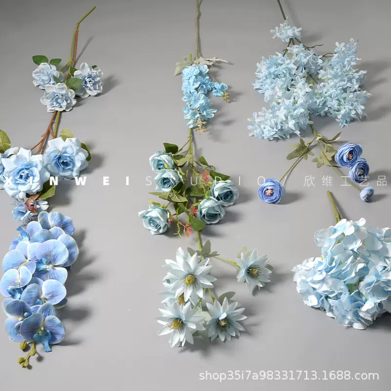 蓝色系仿真花假花束人造绢花塑料插花艺摆件婚庆婚礼布置装饰托管