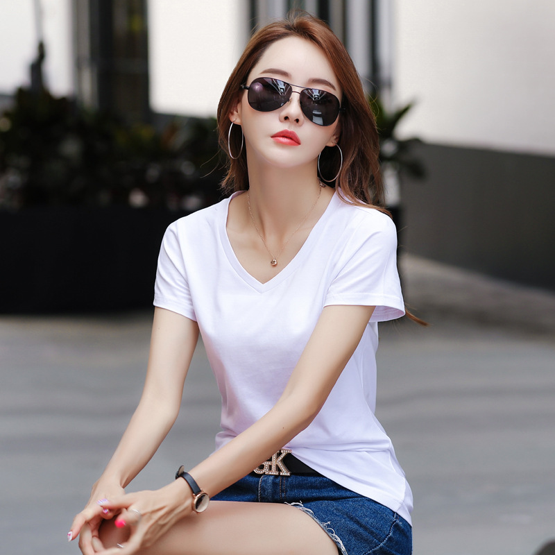 2024夏季新款大码女装韩版宽松显瘦V领纯棉短袖t恤女士白色打底衫
