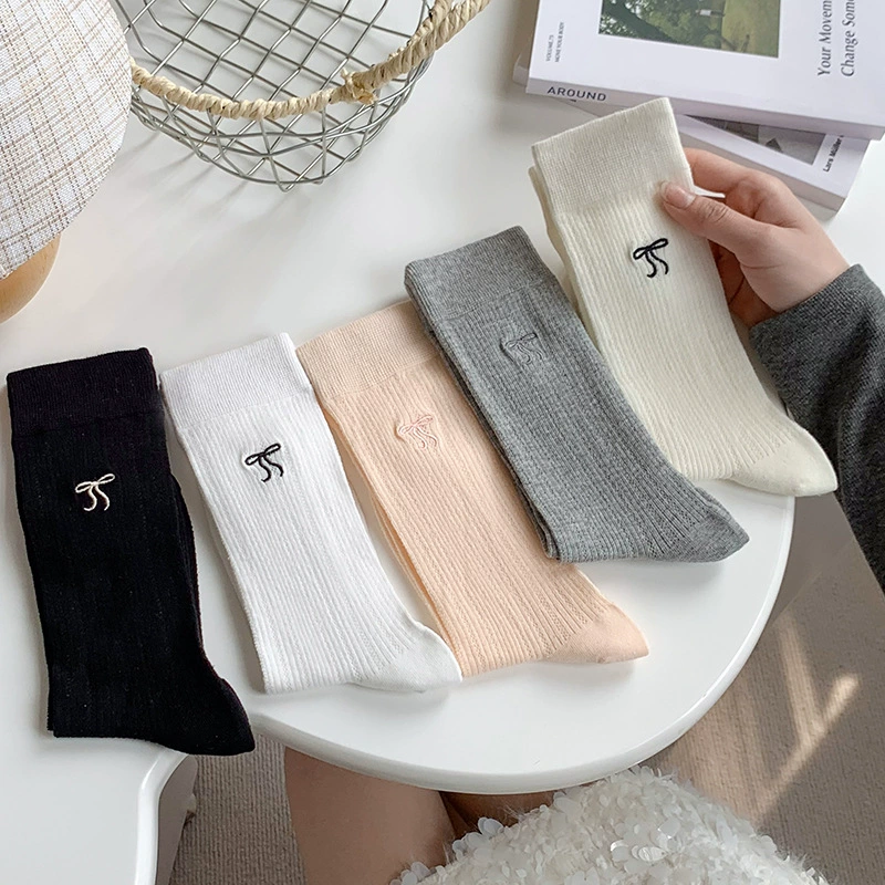 Summer breathable thin Japanese brand socks with bow, mid-length, with embroidery, Korean style