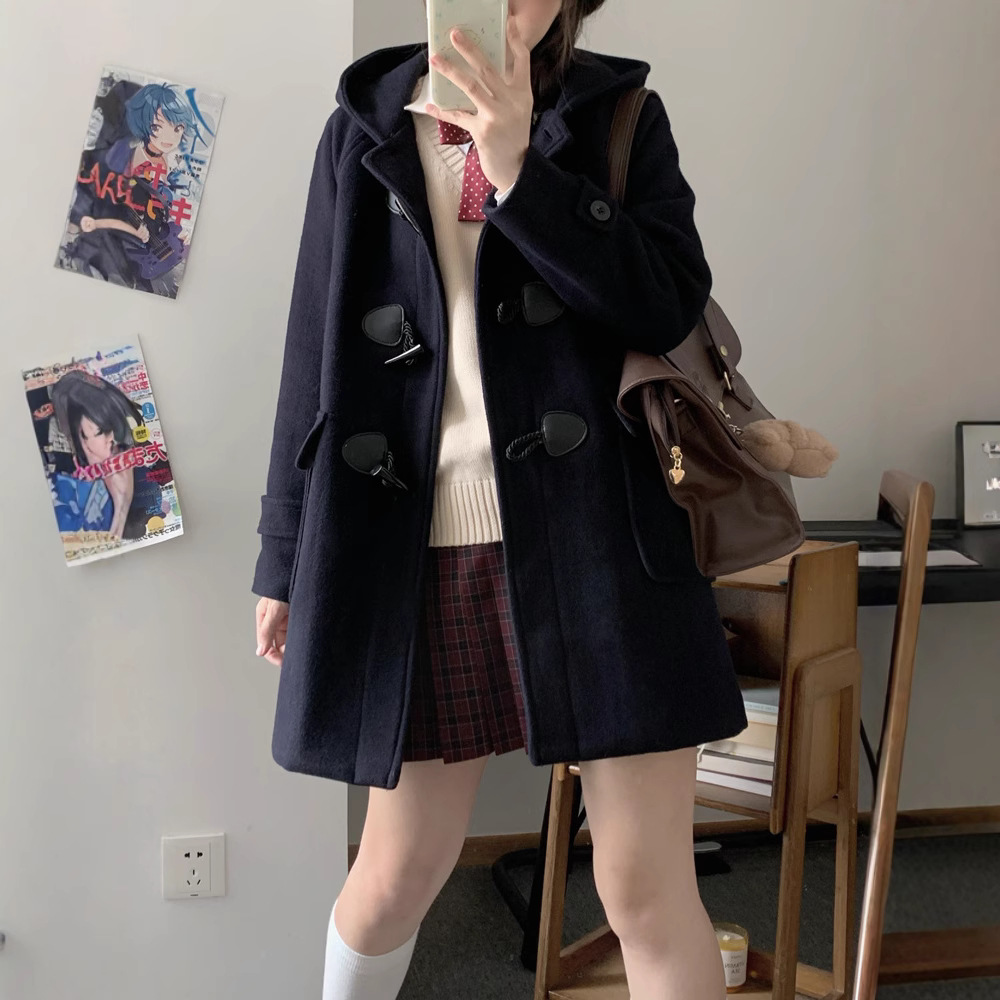 JK制服毛呢外套校供牛角扣大衣中长款学院风秋冬宽松加厚大衣外套