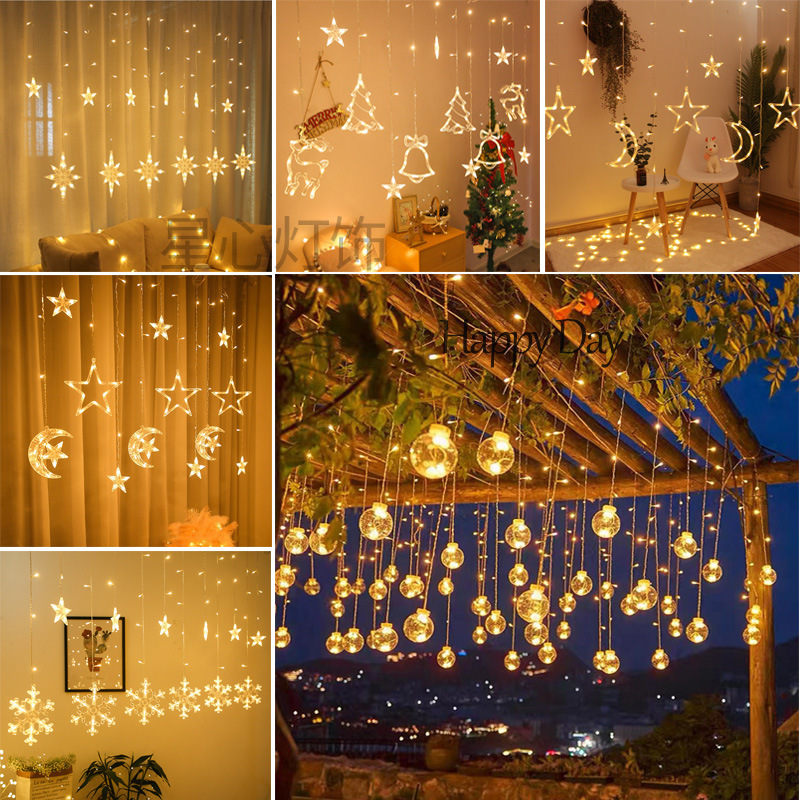 Led Curtain Lights Star and Moon Star Lights Christmas String Lights Snowflake Decoration Atmosphere Lights Holiday Wishing Ball Lantern Pendant