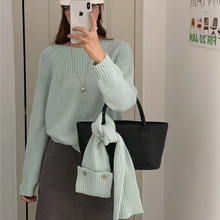 可拆卸围巾方领针织衫柠檬绿茶上衣女2024新款内搭打底减龄毛衣