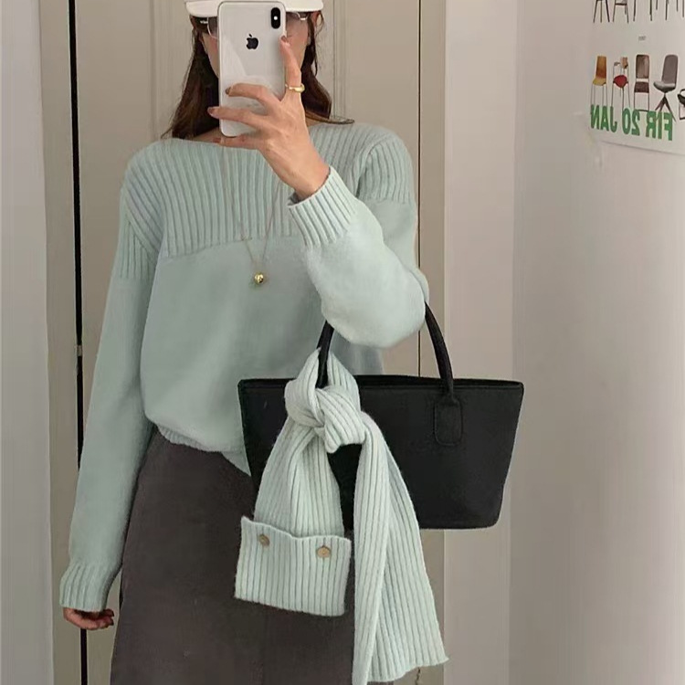 可拆卸围巾方领针织衫柠檬绿茶上衣女2024新款内搭打底减龄毛衣