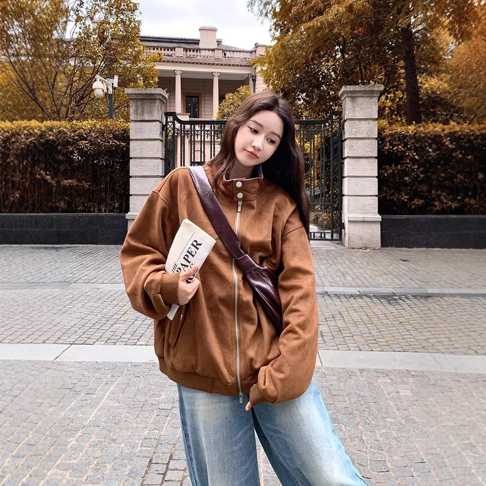 Autumn Retro American Preppy Style Suede Jacket for Women 2025 New Casual Baseball Jacket