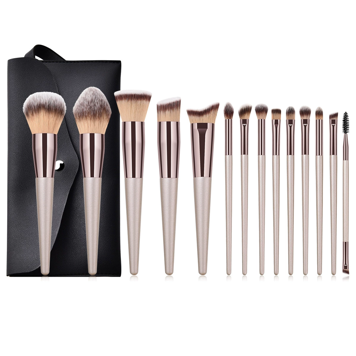 Набор кистей (FINDCOLOR MAKEUP) 14 шт., ручки цвета шампань, чехол для путешествий