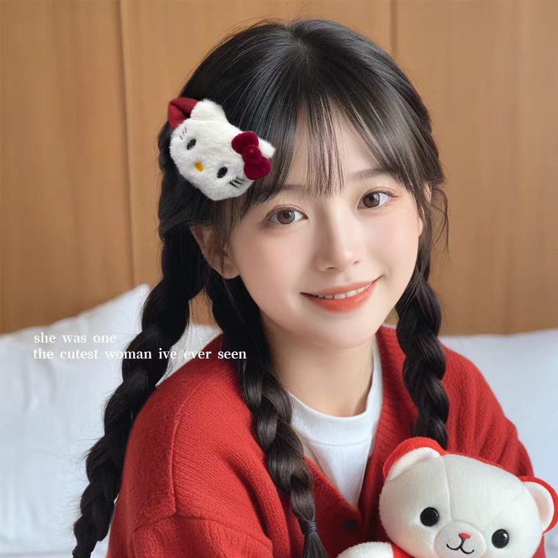 Cute Red Kt Cat Hair Clip Ins Plush Hellokitty Bow Hair Clip Girl DIY Clothing Accessories