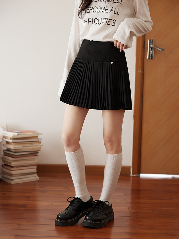 【miu系细褶裙】歌铭复古仿麂皮绒短裙女秋季新款百褶半身裙N618C|undefined