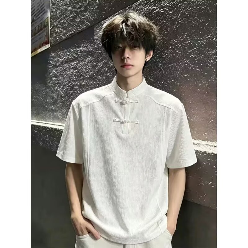 Fábrica transfronteriza venta al por mayor directa de verano para hombres China ventana cuello vertical camiseta de moda suelta camiseta de hombre