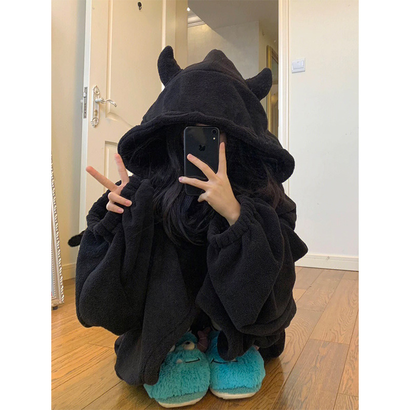 Devil's Nightgown Women's Winter Velvet Thickened Coral Velvet One-Piece Pajamas Nightgown Winter Hooded Home Clothes Autumn and Winter