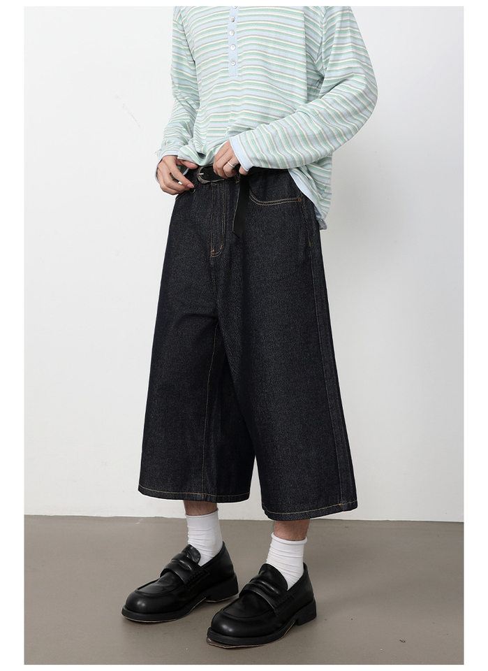 Quần short denim nam dáng rộng ống suông — Da bò thô màu đen, Xanh denim thô, Xanh đậm, Đen xám chi tiết 11