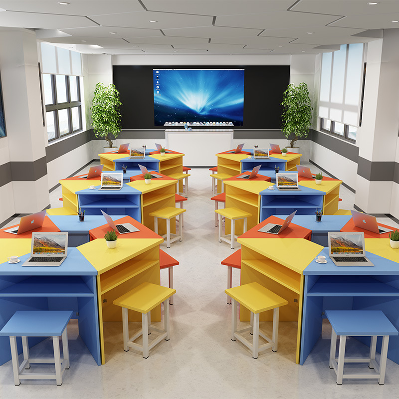Science room hexagonal stitching trapezoidal tutorial training class desk and chair color children's art painting desk
