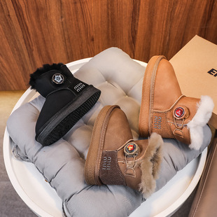 Children's Rotating Button Leather Extra-Turnaround Rabbit Fur Thickened Snow Boots Winter 2024 Warm Cotton Boots for Boys and Girls