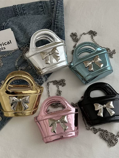 Children's Mini Vegetable Basket Korean Style Bow Princess Chanel Style Chain Western Style Girl's Shoulder Crossbody Mouth Red Envelope