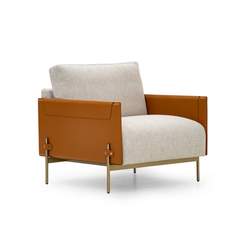 北欧单人沙发椅极简轻奢皮布艺金属客厅卧室阳台休闲民宿三人沙发|ms