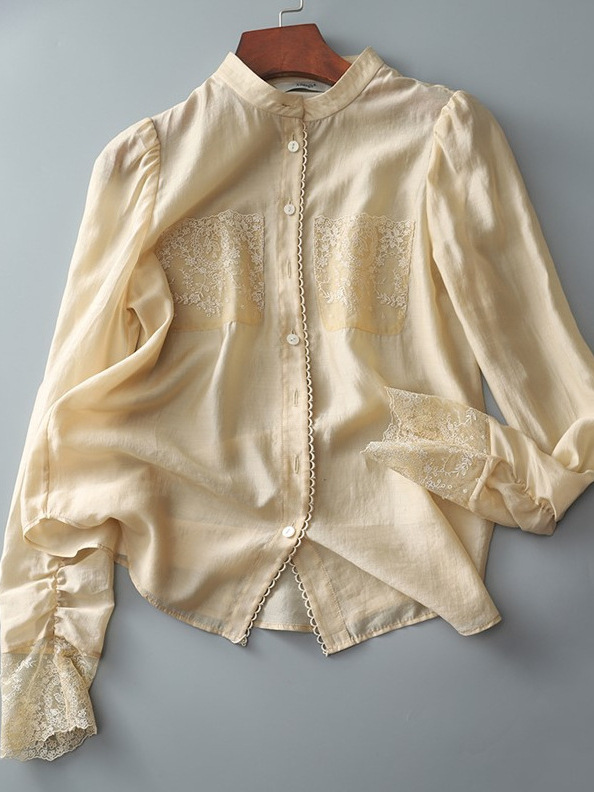 Áo sơ mi nữ tay dài chất liệu lụa pha linen, thêu túi phong cách Pháp — đen