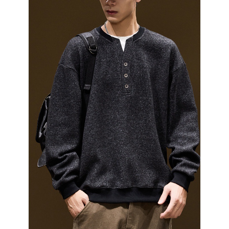 Old Money Style Henley Collar Sweatshirt for Men, Fall 2026, Faux Two-Piece Long Sleeve Loose Top, Color-Contrast Casual T-Shirt