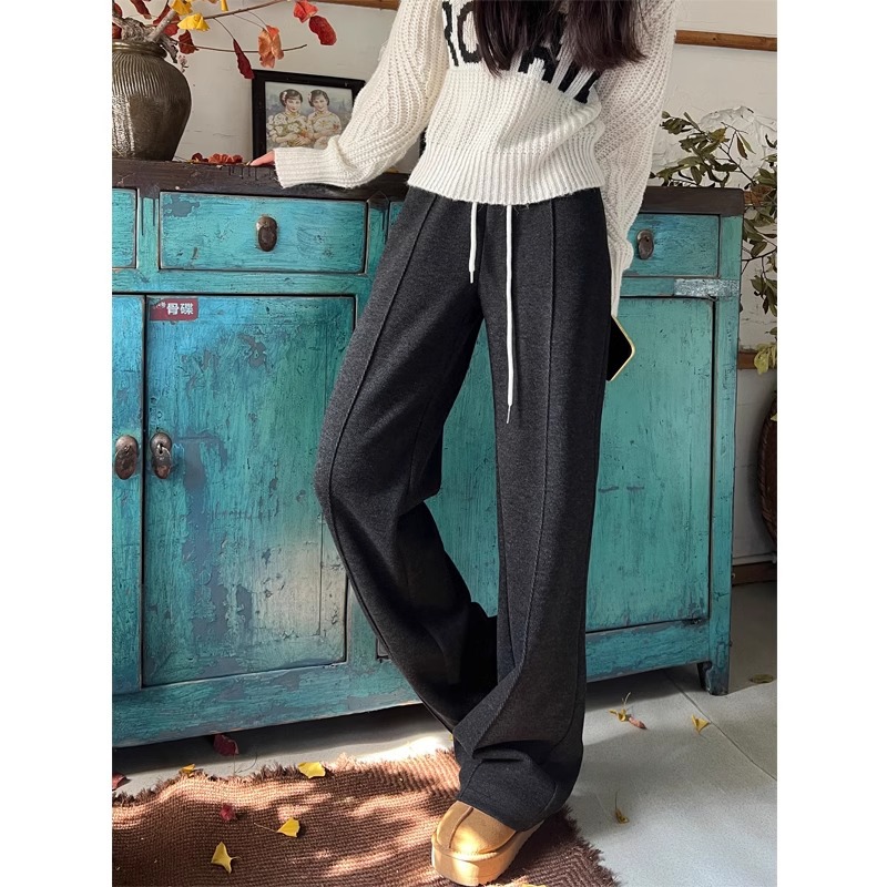 Pantalones rectos de lana gris para mujeres 2024 otoño y invierno de cintura alta pantalones de piernas anchas de edición estrecha pantalones casuales de trajes gruesos a herringbone