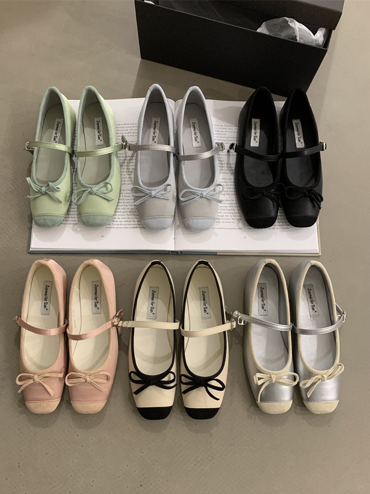 여성용 젠틀 스퀘어 토 플랫 통근 슈즈, 리본 컬러 블록 사계절 슈즈 2023 뉴 원라인 버클 메리제인 슈즈