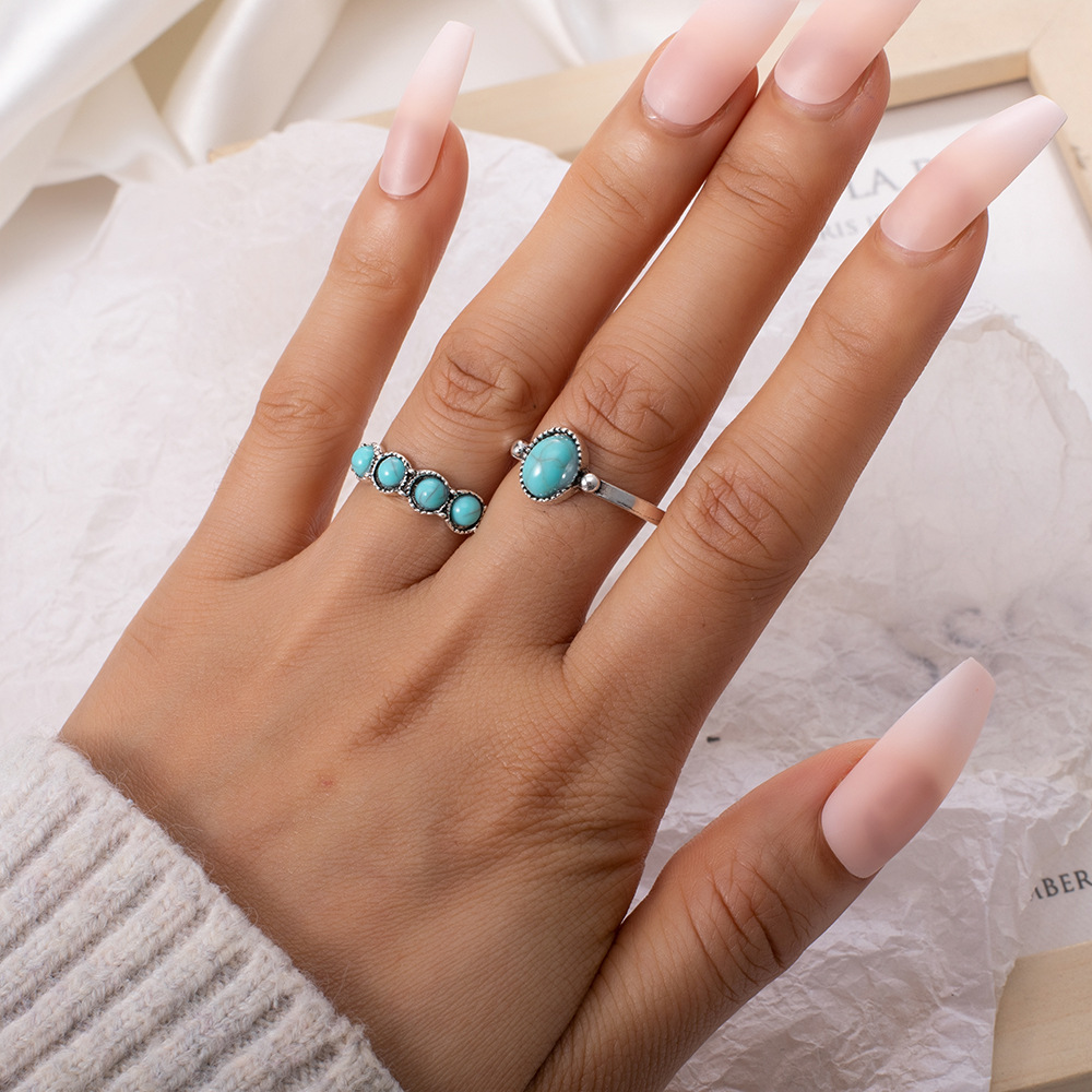 Cross-Border Hot-Selling Combination Ring European and American Retro Bohemian Turquoise 2-Piece Set Ring for Women Factory Direct Sale