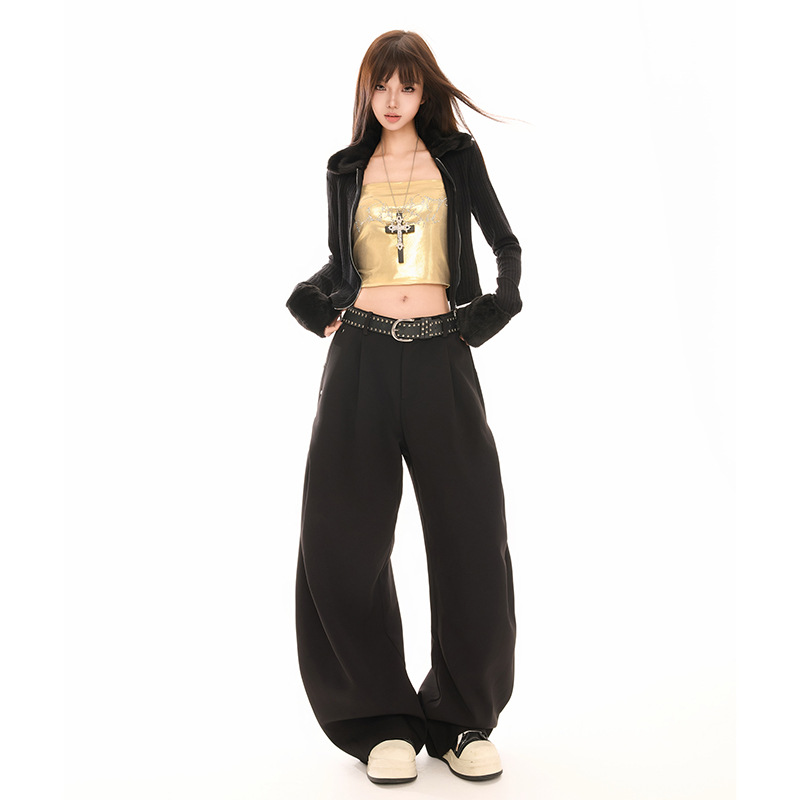 Black Scimitar Suit Pants for Women 2025 Autumn and Winter New High-Waisted Straight Loose Draped Slimming Look Wide-Leg Casual Pants