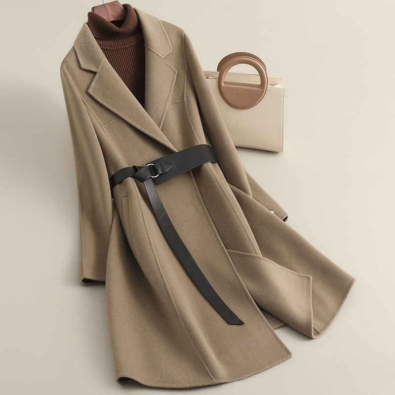 春の新作ハイエンド小柄コート女性用ミドル丈両面ゼロカシミアウエストウールウールコート女性用