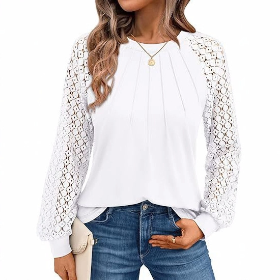 Spot Delivery 2025 European and American Cross-Border Women's Long-Sleeved Shirts Pleated Lace Tops Autum Fashion Casual T-Shirts