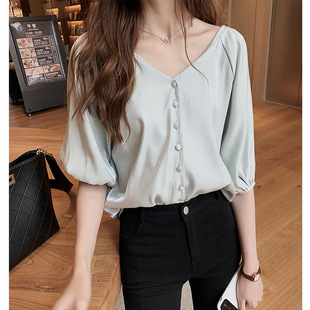 2023 Spring and Summer New Korean Style Fashionable Loose Chiffon Shirts Women's Short-Sleeved Tops Western Style Shirts Solid Color Bottoming Shirts