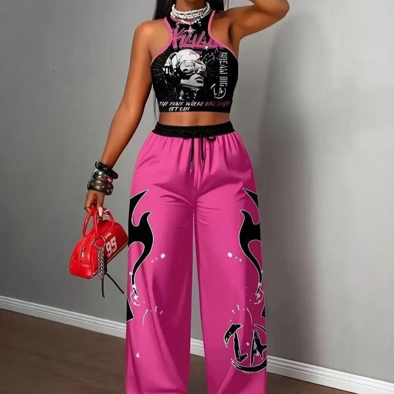 26 European and American Cross-Border Hot Girl Hip-Hop Amazon Sports Street Print Vest + Casual Wide-Leg Pants Set 26 European and American Cross-Border Hot Girl Hip-Hop Amazon Sports Street Print Vest + Casual Wide-Leg Pants Set
