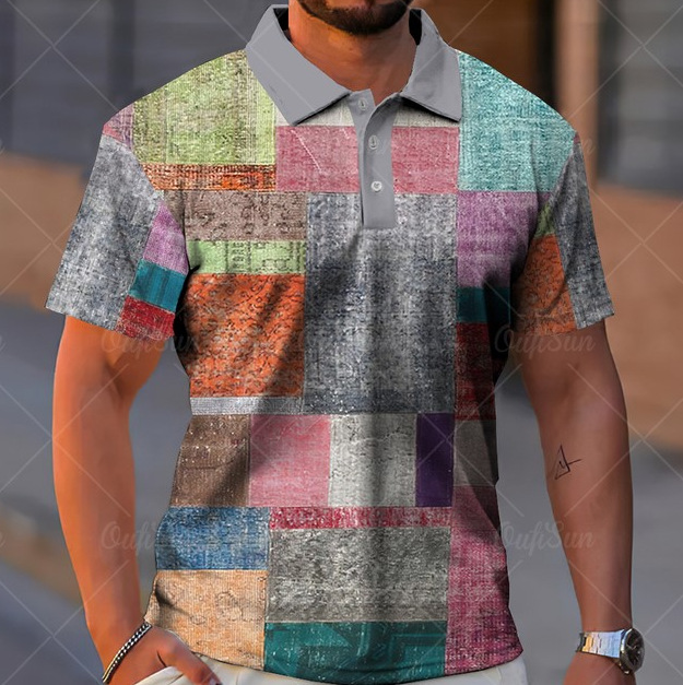 Botón de los hombres camisa polo a cuadros patrón solapa moda 3D Impresión digital moda urbana suelta casual