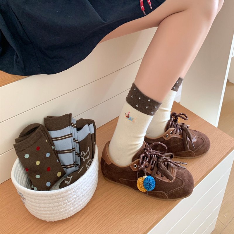 Wool Thickened Embroidered Dachshund Autumn and Winter Blue Coffee Color Boneless Warm Casual Cotton Socks Striped Polka Dots