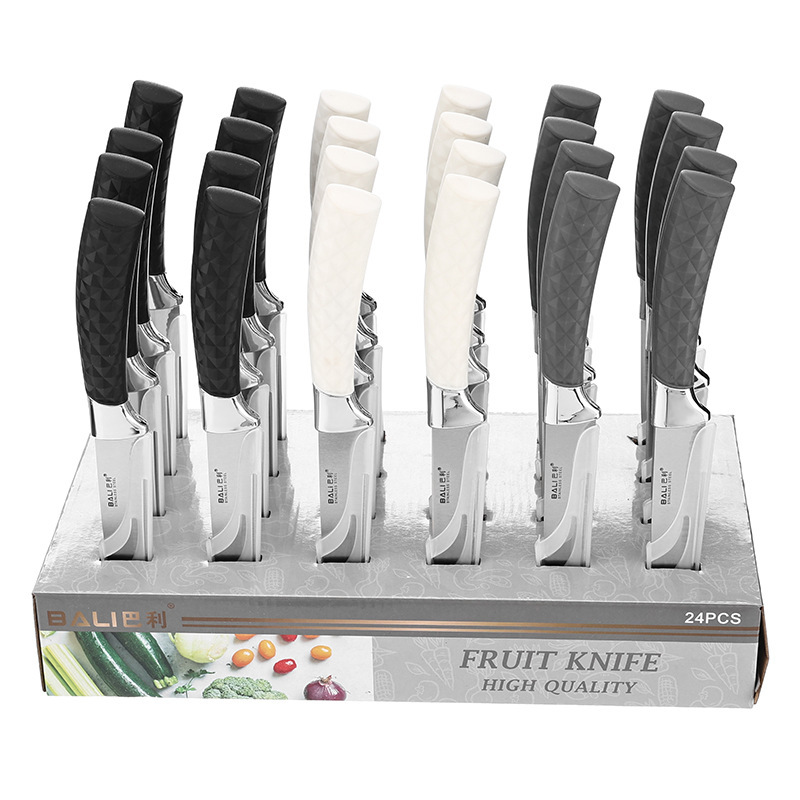 Fábrica directa caja de exhibición de acero inoxidable cuchillos de mango de diamante afilado fruta universal conjunto completo de cuchillos domésticos
