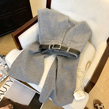 老钱风加厚毛呢阔腿裤女2025秋冬韩系配腰带显瘦西装裤灰色直筒裤