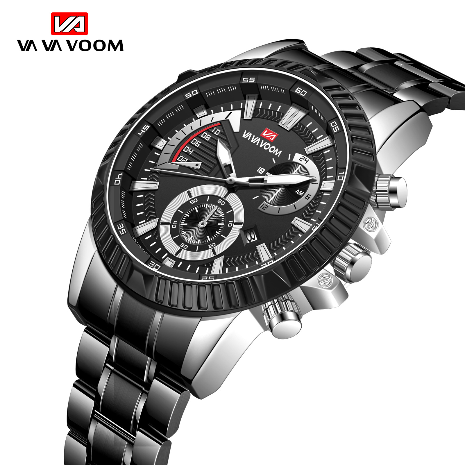 VAVA VOOM 2361 nuevo calendario de negocios casual falso movimiento de cuarzo de tres ojos reloj de correa de acero para hombres