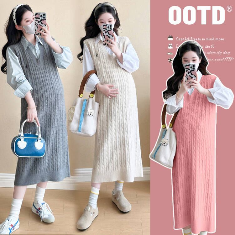 Maternity Dress Set 2025 Autumn Fashion Knitted Vest Dress Shirt Two-Piece Set Autumn Dress Maternity Dress Set 2025 Autumn Fashion Knitted Vest Dress Shirt Two-Piece Set Autumn Dress