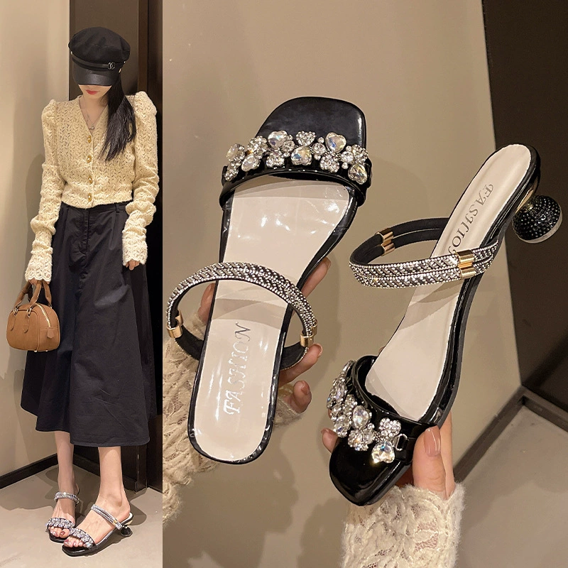 Женские сандалии на одну обувь в сказочном стиле, модная верхняя одежда, толстые каблуки, низкие каблуки с кристаллами 4 см, элегантные босоножки со стразами.