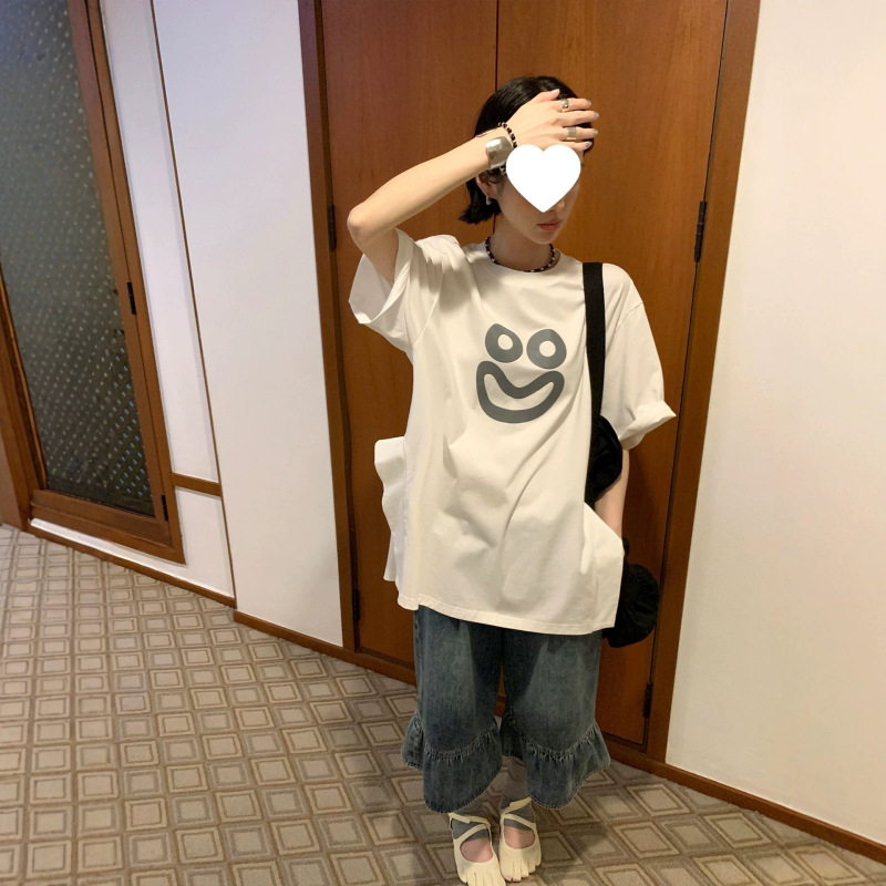 Mona Oversized Fun Print Side Slit Drop Shoulder Mid-Sleeve Smiley Face T-Shirt Two-Color Women's Fashion T-Shirt Mona Oversized Fun Print Side Slit Drop Shoulder Mid-Sleeve Smiley Face T-Shirt Two-Color Women's Fashion T-Shirt