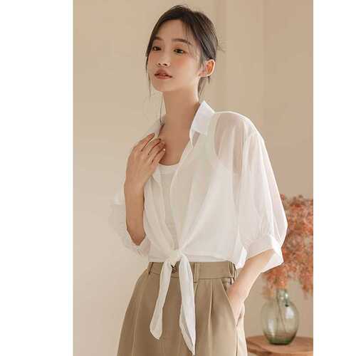 Chiffon sunscreen cardigan women's 2024 summer white quarter sleeves thin shawl outer shirt top coat
