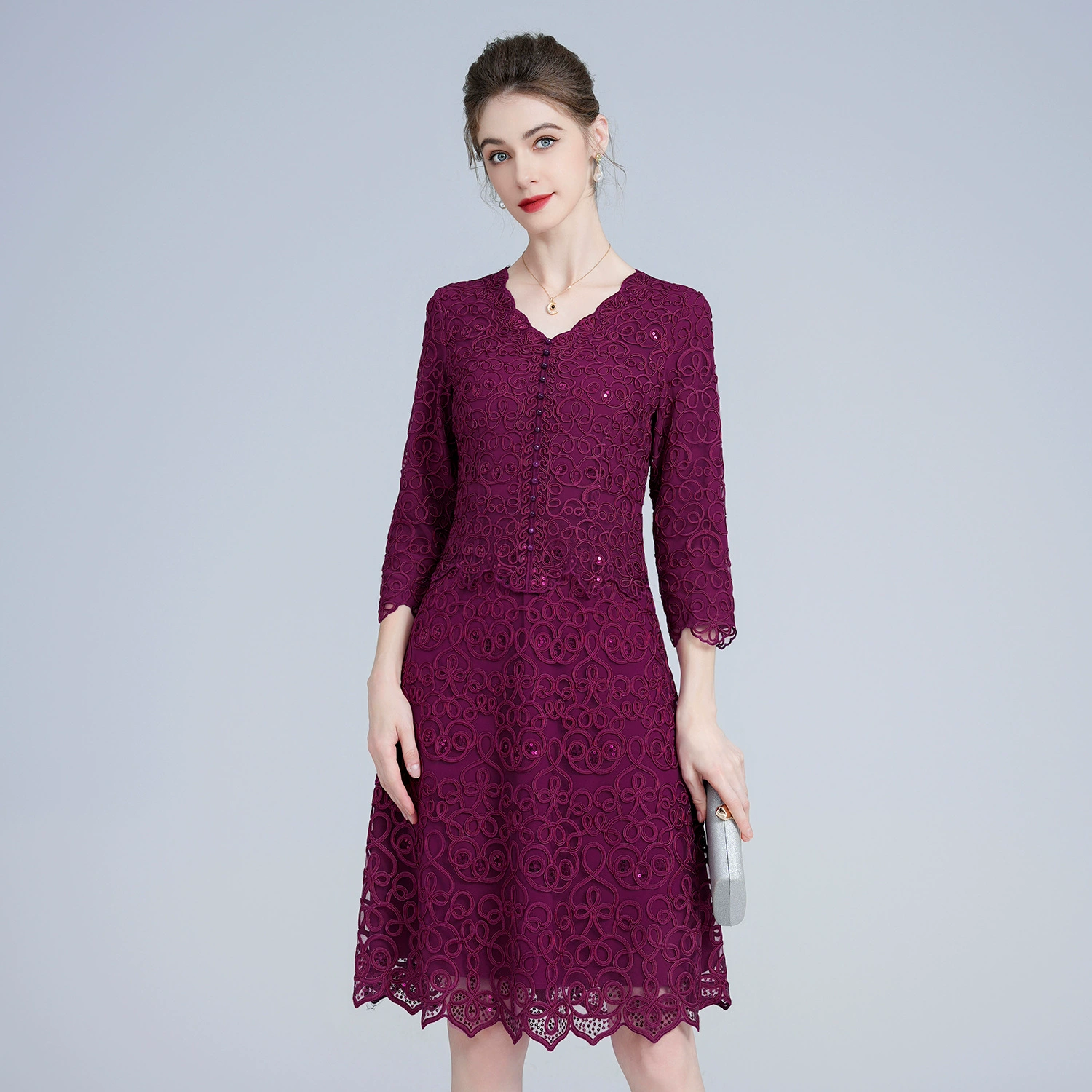 2023 осень новое модное фиолетовое платье среднего возраста больших размеров, Модные поддельные две части матери оптом