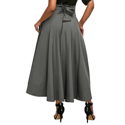 Women's Spring Midi Skirt Solid Color Lace Up Ankle Cinching A-Line Long Skirt European American Style Casual Polyester_ecoleips.com
