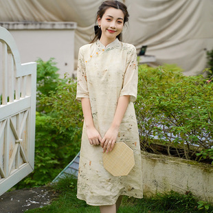 Ready Stock Real Shot New Chinoiserie Ramie Print Improved Stand-Up Collar Cheongsam Daily Young Mid-Length Loose Dress