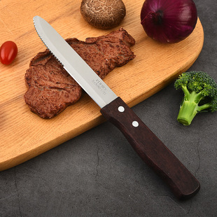 Factory wholesale stainless steel kitchen utensils wooden handle serrated steak and lamb chop knife household barbecue bread knife western food knife