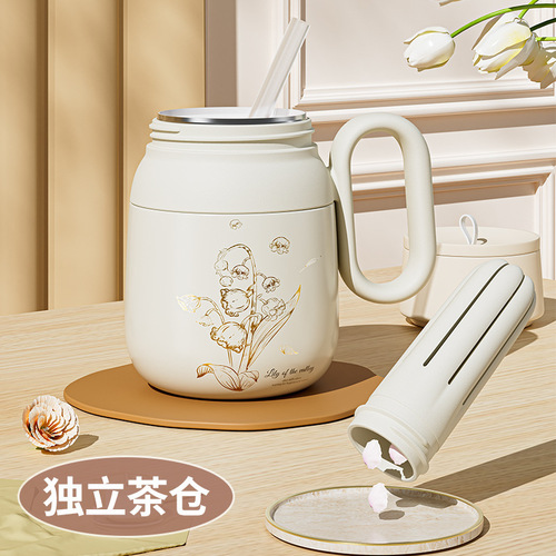 Portable handle stainless steel ceramic liner thermos cup girls office handy cup tea straw coffee cup