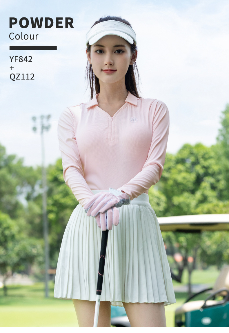 Áo thun golf nữ dài tay ôm sát vải co giãn cao — Tay áo dài màu đen [kết cấu dọc/vải co giãn cao/vừa vặn] YF842 chi tiết 6